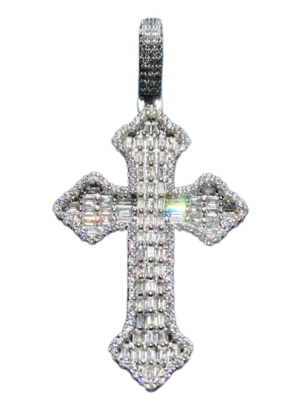 Iced Out Moissanite Baguette Cross Pendant 925 Sterling Silver NEW
